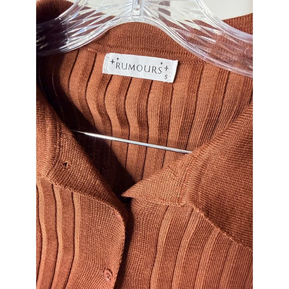 Rumours Brown Ribbed Knit Collared Cardigan Wide Cuff Button Front Top Small